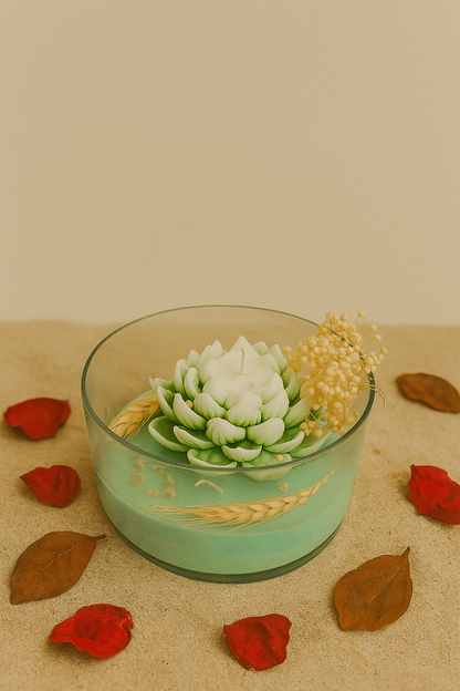 Lotus & Rose Glass Bowl Candle  – Decorative Floral Wax Candles with Seashells & Dried Flowers | Blue, Green, Yellow, Red , Brown