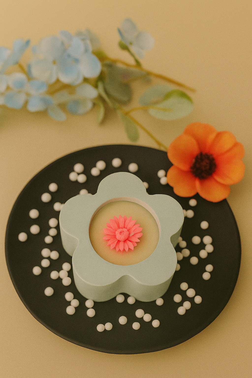 Flower-Shaped Ceramic Candle with Floral Wax Design – Available in Multiple Colors