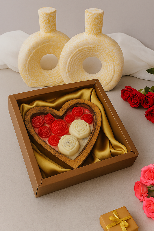 Rose  Candle Gift Hamper – Heart-Shaped Wooden Box with Decorative Rose Baatis