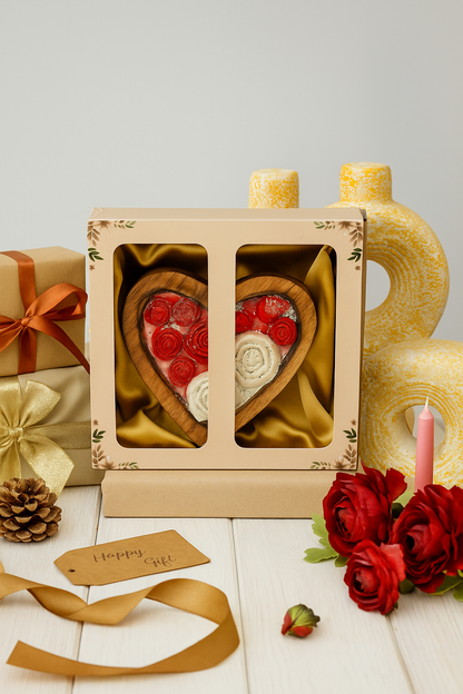 Rose  Candle Gift Hamper – Heart-Shaped Wooden Box with Decorative Rose Baatis