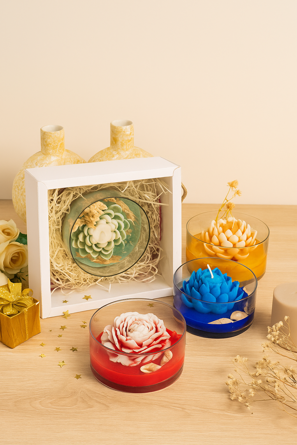 Lotus Candle Hamper in Round Glass Bowls – Handcrafted Diwali Gift Set