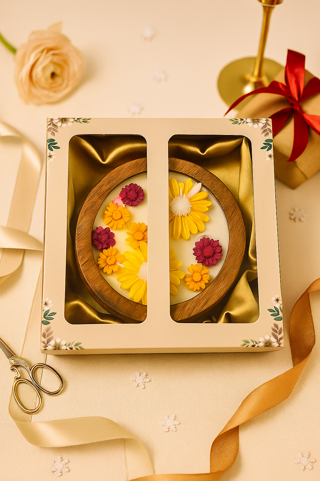 Floral Soy wax wooden bowl Candle Hamper – Handcrafted Diwali Gift