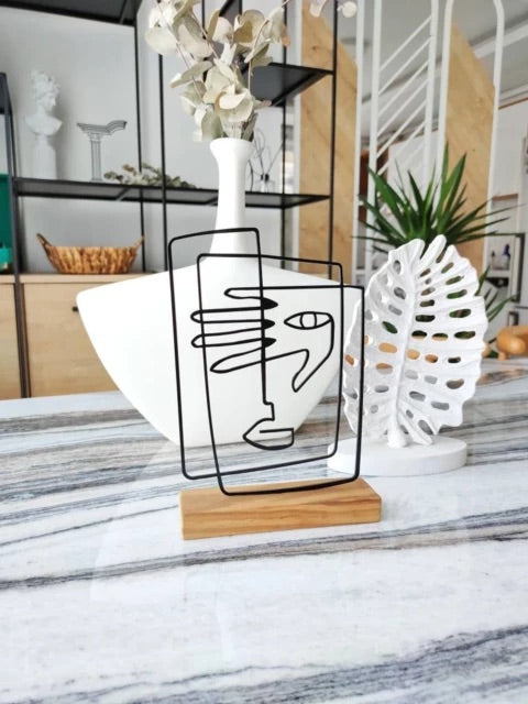 Boho style " Face " Metal Shelf Decor. Wood based black metal home and office bookshelf decor
