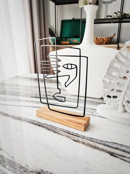 Boho style " Face " Metal Shelf Decor. Wood based black metal home and office bookshelf decor