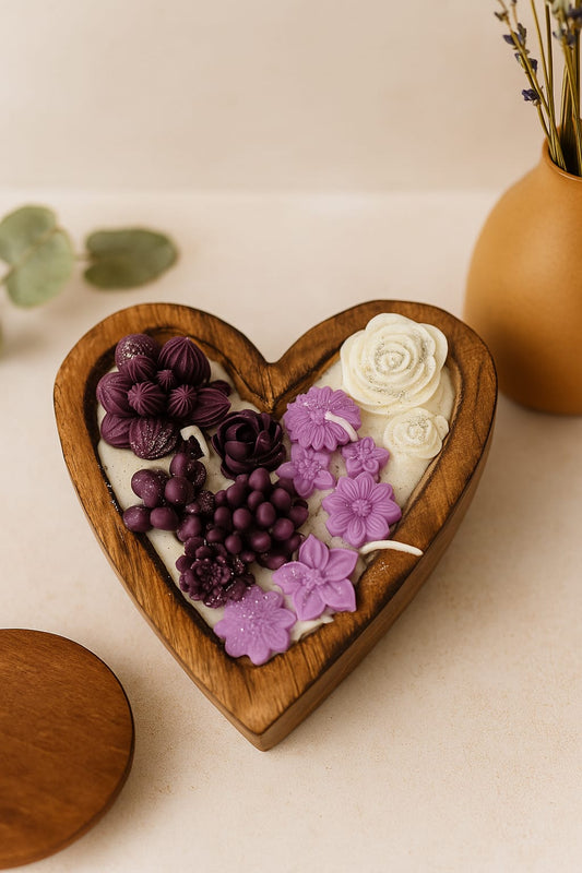 Heart-Shaped Floral Candle in Wooden Bowl | Lavender & White Botanical Wax Art | Decorative Scented Candle