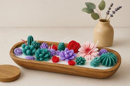 Botanical Garden Dough Bowl Candle | Handcrafted Wax Flower & Cactus Design | Long Wooden Scented Candle Centerpiece