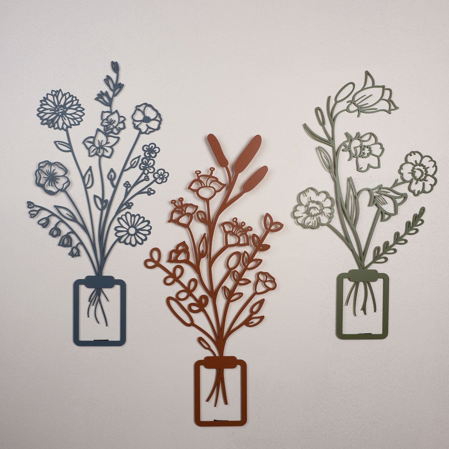 Flowers in Vase 3D Metal Wall Art, Set of 3 Pieces
