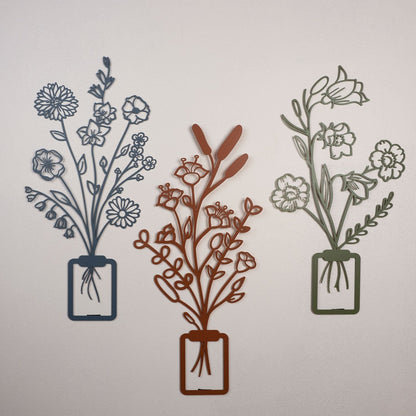 Flowers in Vase 3D Metal Wall Art, Set of 3 Pieces