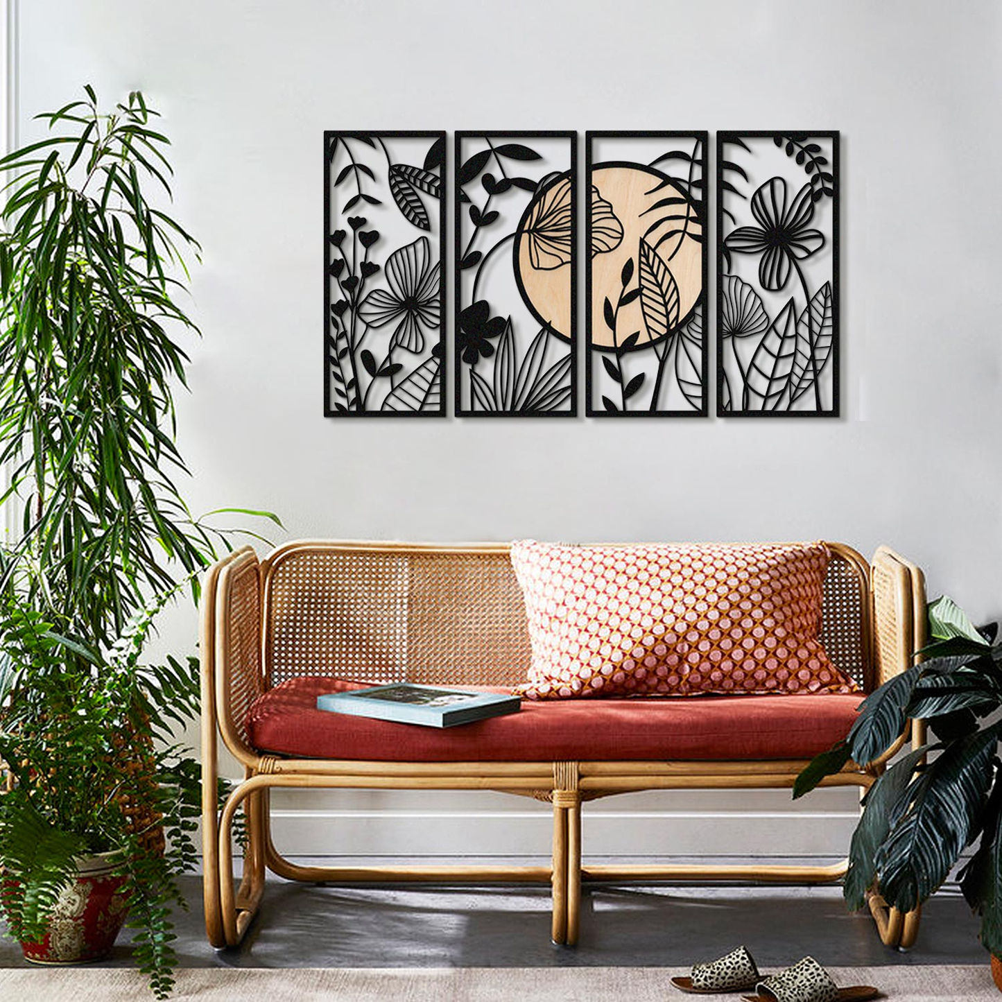 Ginkgo Wood Metal Wall Art, Set of 4 Pieces