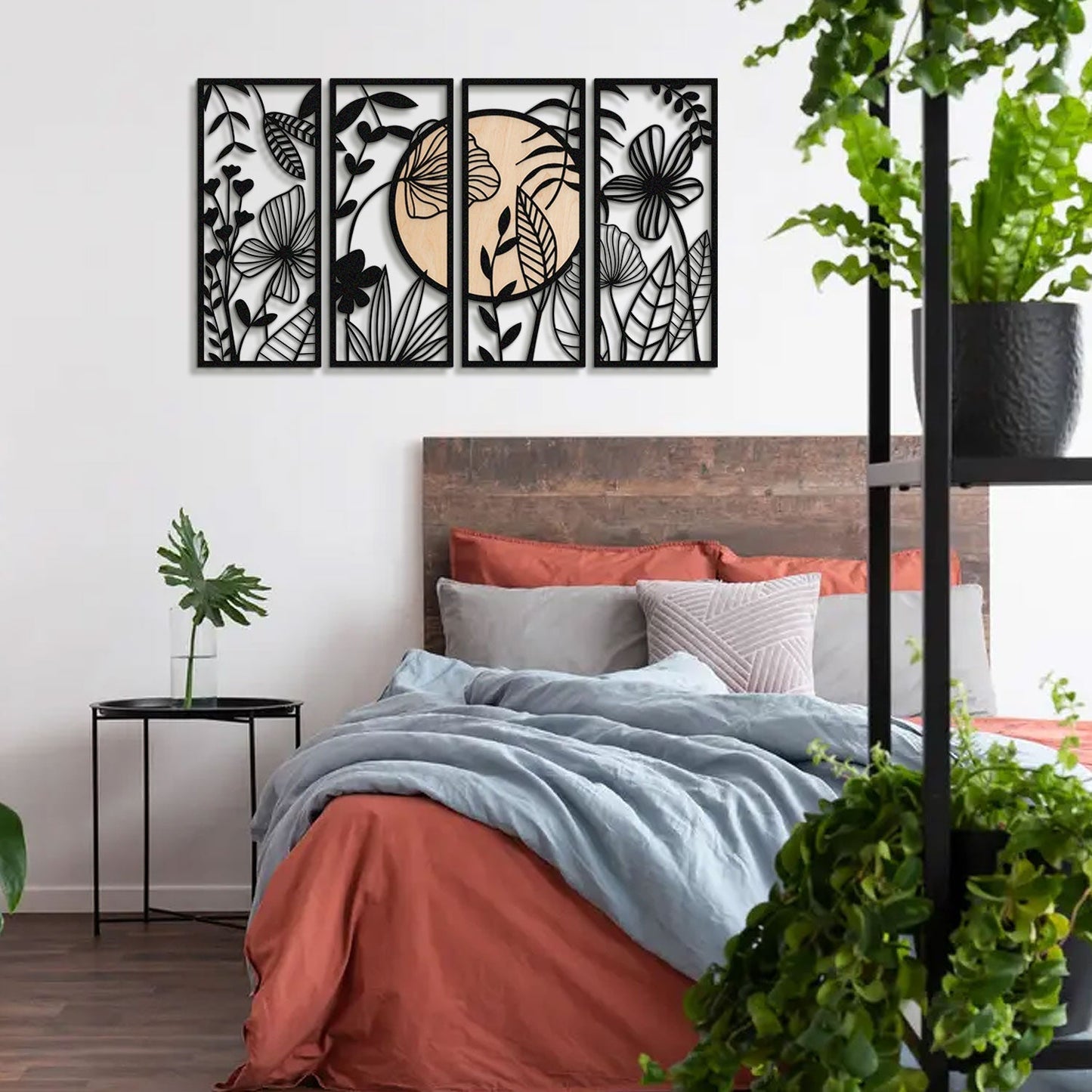 Ginkgo Wood Metal Wall Art, Set of 4 Pieces