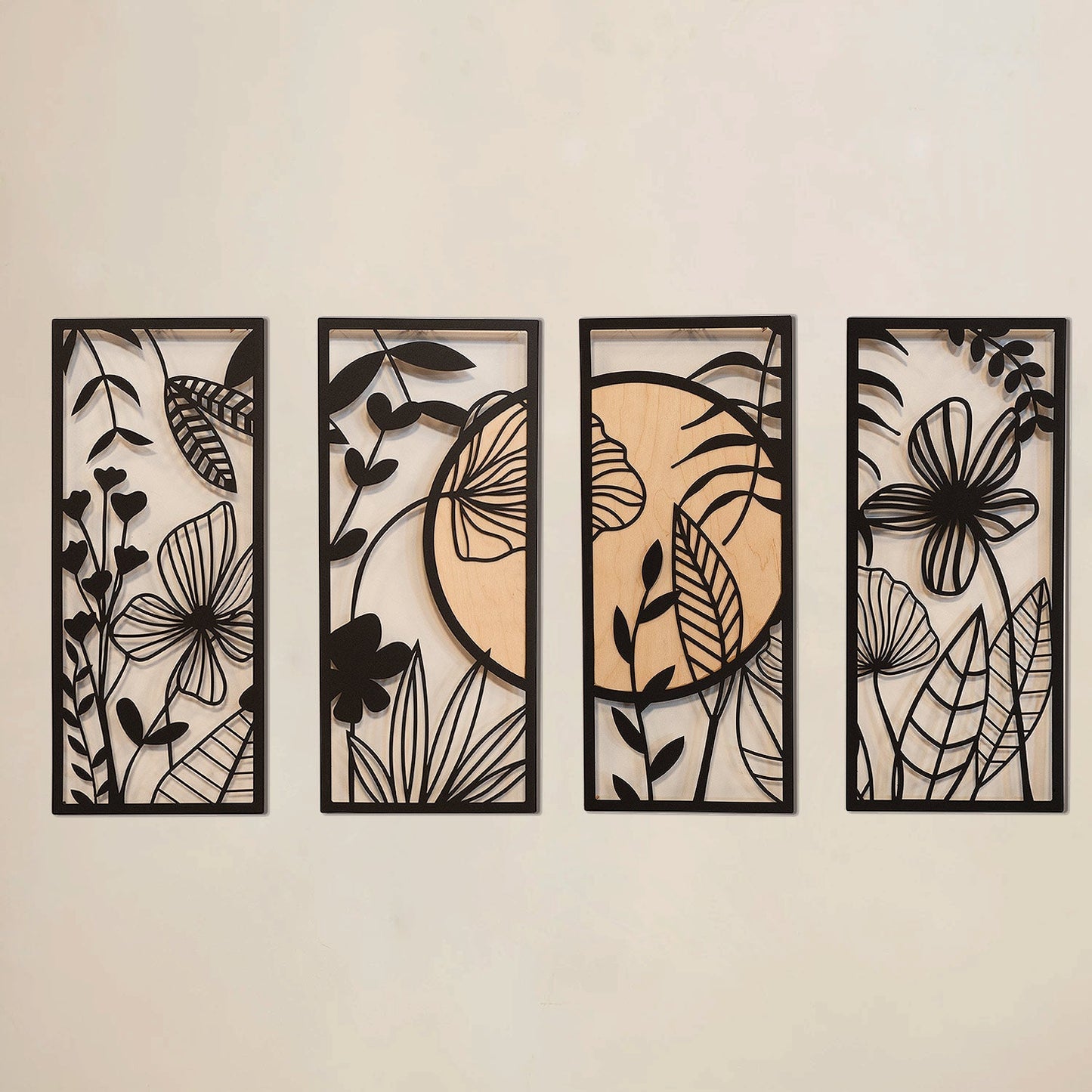 Ginkgo Wood Metal Wall Art, Set of 4 Pieces