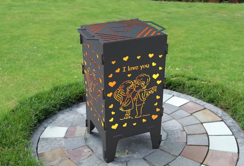 Romantic Love & Kiss Metal Fire Pit + BBQ Grill