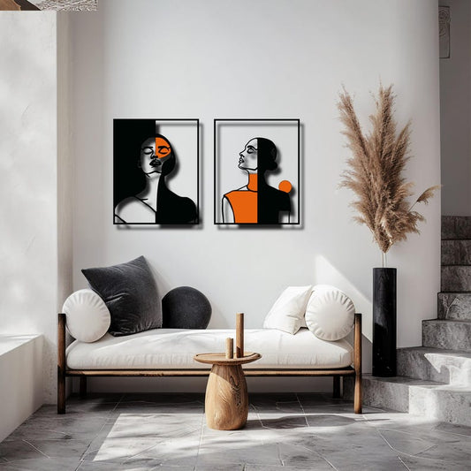Orange Women Metal Wall Art, Set of 2 Pieces