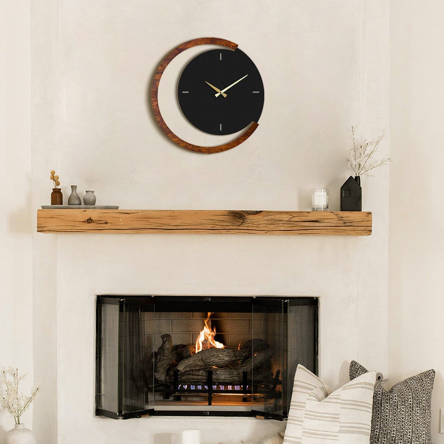 Moon Time Wooden Metal Wall Clock