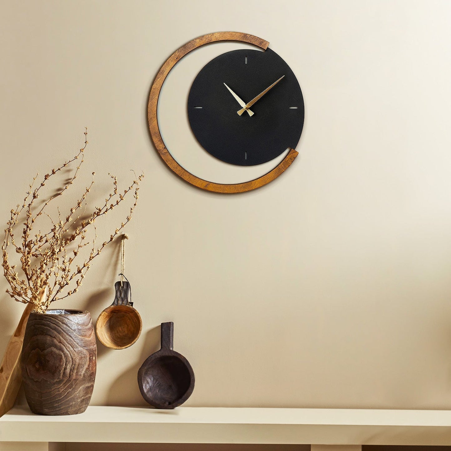 Moon Time Wooden Metal Wall Clock