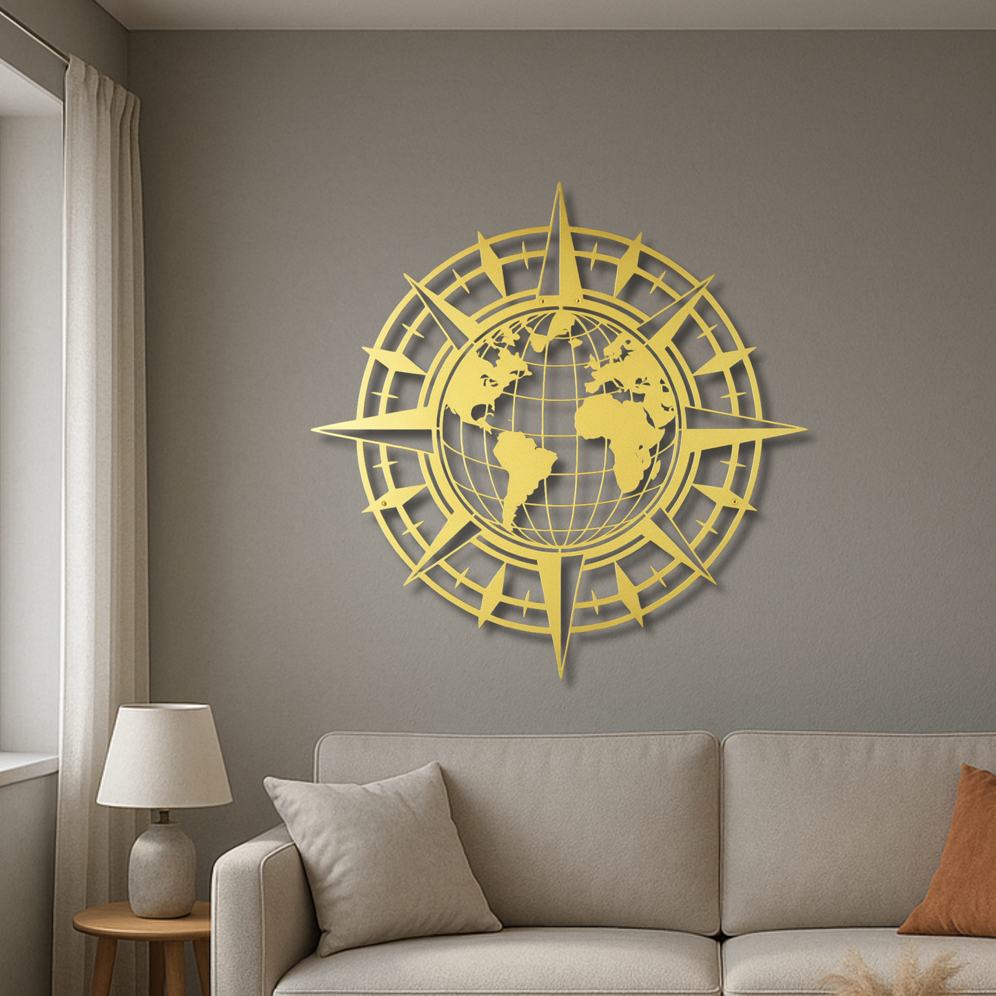 Compass And World Map Metal Wall Art