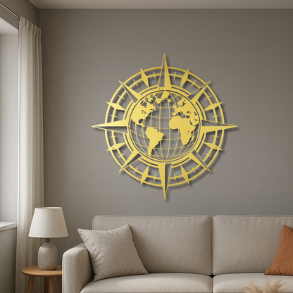 Compass And World Map Metal Wall Art