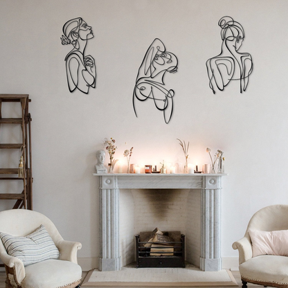 Woman Body Silhouette Metal Line Art, Set of 3 Pieces