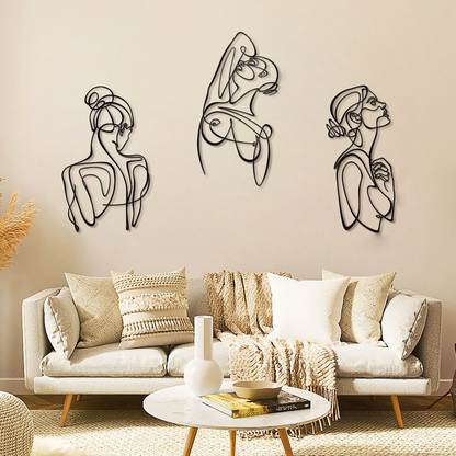 Woman Body Silhouette Metal Line Art, Set of 3 Pieces