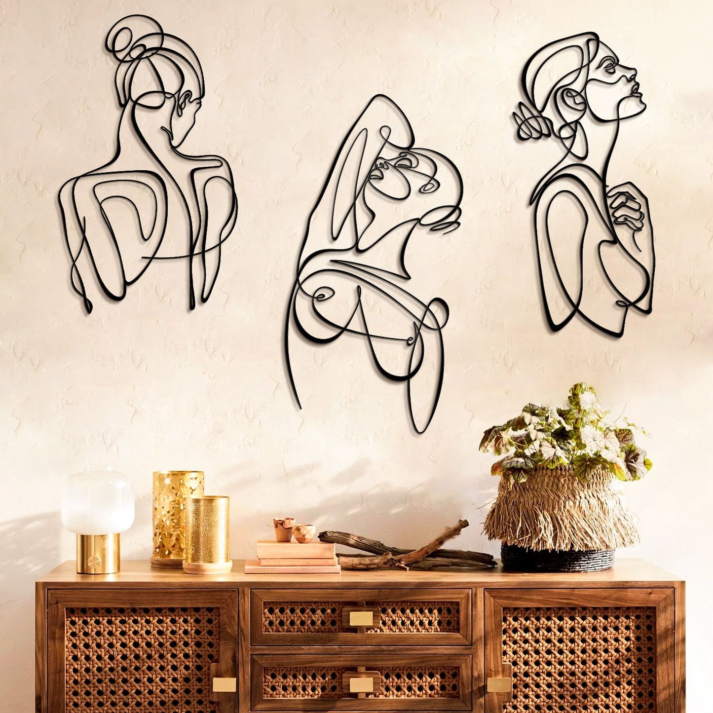 Woman Body Silhouette Metal Line Art, Set of 3 Pieces