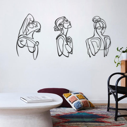 Woman Body Silhouette Metal Line Art, Set of 3 Pieces