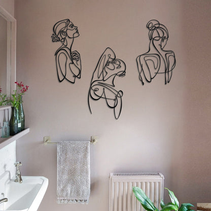 Woman Body Silhouette Metal Line Art, Set of 3 Pieces