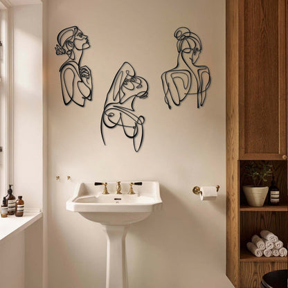 Woman Body Silhouette Metal Line Art, Set of 3 Pieces